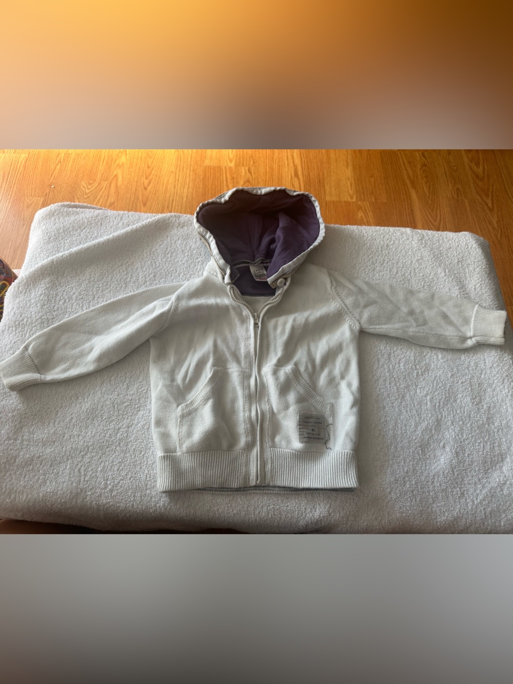 Zara off white Zip-Up Hoodie with Purple Hood Lining